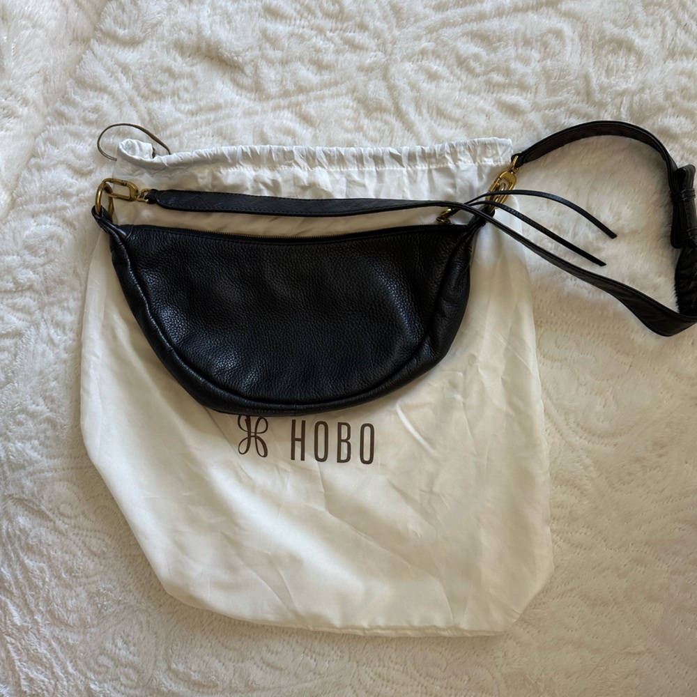 HOBO Black Pebbled Leather Crescent Crossbody with Gold Hardware